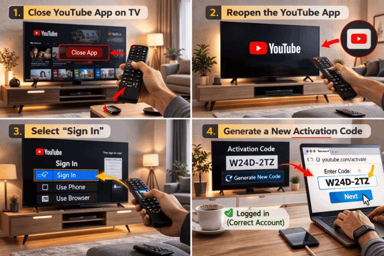 Fix YouTube activation issue by closing and reopening the app, signing in, and generating a new activation code on TV.